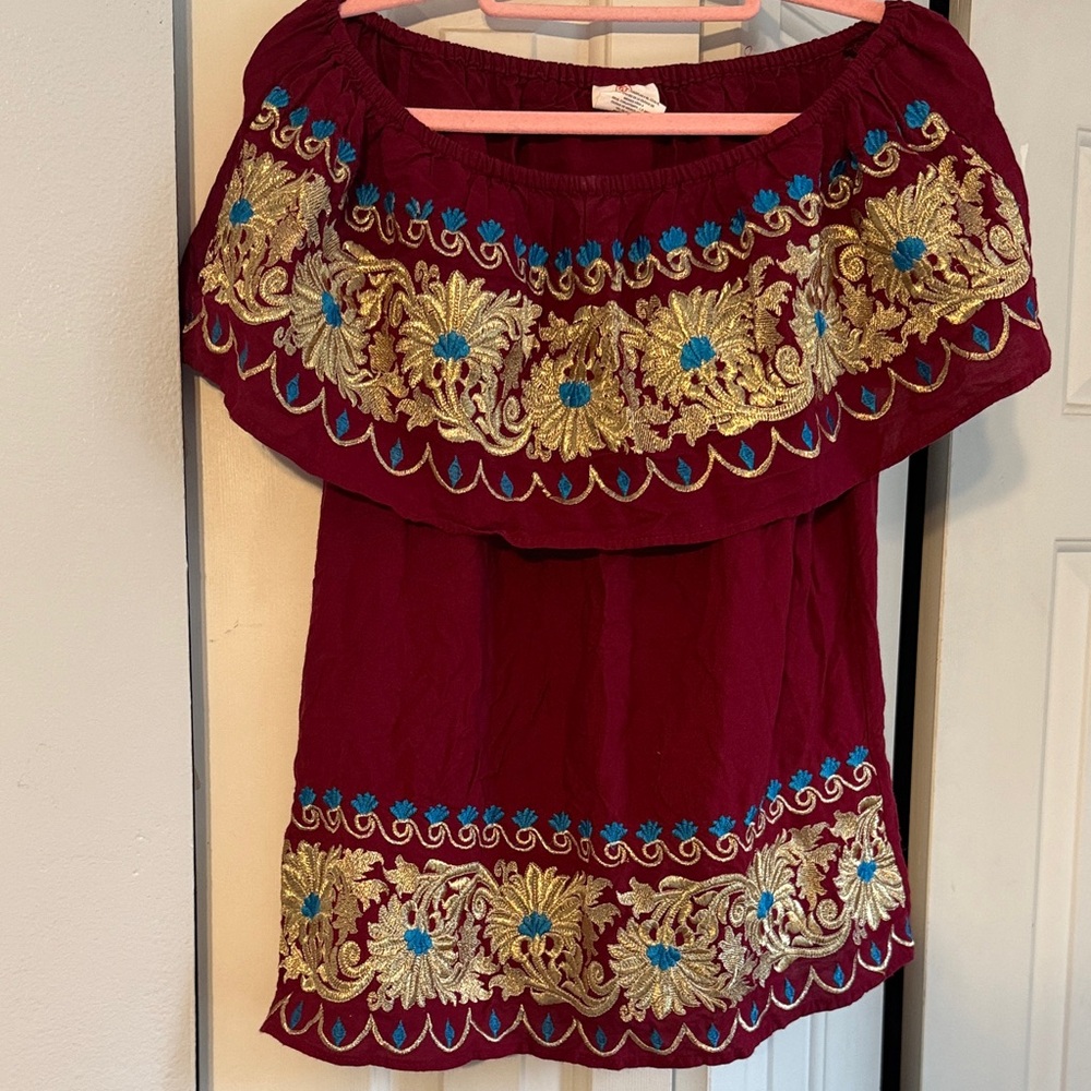 Embroidered Off-Shoulder Burgundy Top